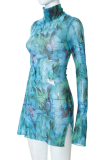 Blå sexigt tryck patchwork klänningar med turtleneck pennkjol