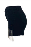Short en jean régulier à taille haute en patchwork à pompon uni décontracté noir