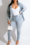 Light Blue Casual Street Graphic Print Make Old Patchwork Buckle Turndown Collar Long Sleeve Straight Distressed Ripped Denim Jacket