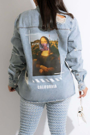 Light Blue Casual Street Graphic Print Make Old Patchwork Buckle Turndown Collar Long Sleeve Straight Distressed Ripped Denim Jacket