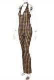 Brownness Fashion Sexy Print Backless Halter Skinny Jumpsuits