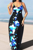 Синий черный сексуальный принт в стиле пэчворк Спагетти ремень слинг платье Платья