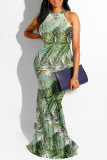 Grüne Mode Sexy Print ausgehöhltes langes Kleid mit O-Ausschnitt