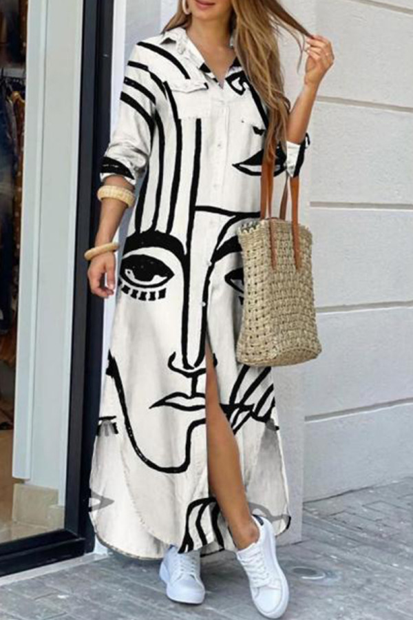 Белое модное повседневное платье-рубашка с разрезом и отложным воротником с принтом