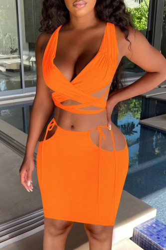 Orange Fashion Sexy Solid Hollowed Out Backless Cross Straps V Neck Sleeveless Two Pieces
