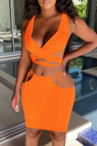 Oranje Mode Sexy Effen Uitgeholde Ruglooze Kruisbandjes V-hals Mouwloos Twee Stukken