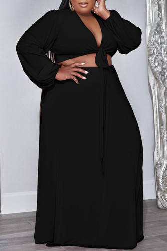 Black Fashion Casual Solid Bandage V Neck Plus Size Two Pieces