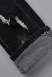 Jean skinny taille haute en patchwork déchiré uni à la mode noir