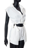 White Sexy Solid Patchwork Buckle Turndown Collar Two Pieces