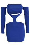 ブルーのセクシーなソリッドホローアウトパッチワークオフショルダーペンシルスカートドレス