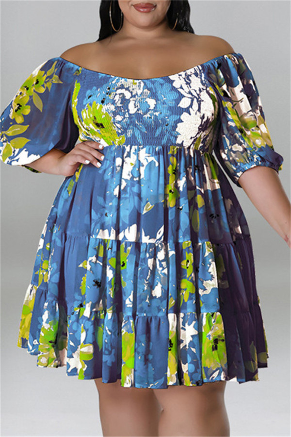 Diepblauwe mode casual print patchwork backless off-shoulder jurken met grote maten