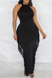 Черное модное повседневное сплошное платье с кисточками в стиле пэчворк и круглым вырезом без рукавов