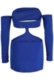 ブルーのセクシーなソリッドホローアウトパッチワークオフショルダーペンシルスカートドレス