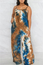 Koffie Mode Casual Print Tie-dye Backless Spaghetti Band Plus Size Jumpsuits