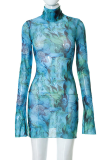 Синий сексуальный принт пэчворк водолазка юбка-карандаш платья