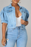 Light Blue Fashion Casual Solid Patchwork Knotted Turndown Collar Puff Sleeve Regular Cropped Denim Jacket