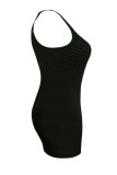 Falda de lápiz con cuello en U de patchwork sólido informal negro Vestidos de talla grande