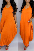 Оранжевое повседневное однотонное длинное платье в стиле пэчворк с U-образным вырезом Платья