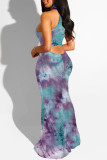 Пурпурно-синее модное сексуальное длинное платье с круглым вырезом и принтом