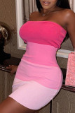 ピンクのセクシーなプリントパッチワークストラップレスペンシルスカートドレス