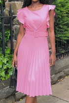ピンクのカジュアルなソリッドパッチワークフラウンスフォールドOネックストレートドレス