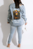 Light Blue Casual Street Graphic Print Make Old Patchwork Buckle Turndown Collar Long Sleeve Straight Distressed Ripped Denim Jacket