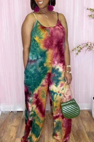 Red Fashion Casual Print Tie-dye Backless Spaghetti Strap Regular Jumpsuits