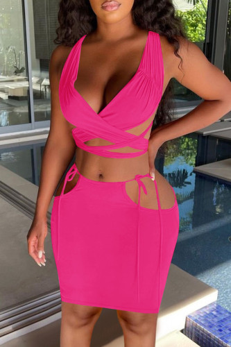 Rose Red Fashion Sexy Solid Hollowed Out Backless Cross Straps V Neck Sleeveless Two Pieces