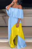 Gele sexy print patchwork vouw asymmetrische off-shoulder rechte jurken