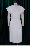 White Casual Solid Patchwork Flounce Fold O Neck Straight Dresses