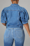Veste en jean bleu clair mode casual solide patchwork noué col rabattu manches courtes