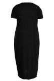 Zwarte mode casual plus size effen zak V-hals jurk met korte mouwen