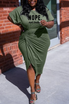 Армейский зеленый повседневный принт в стиле пэчворк, асимметричная юбка с круглым вырезом, одноступенчатая юбка, платья больших размеров