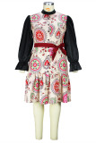 Patchwork estampado informal de moda multicolor con cinturón cuello redondo manga larga vestidos de talla grande