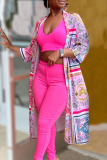 Roze mode print patchwork vest kraag bovenkleding