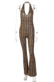 Brownness Fashion Sexy Print Backless Neckholder Skinny Jumpsuits