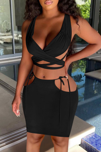 Black Fashion Sexy Solid Hollowed Out Backless Cross Straps V Neck Sleeveless Two Pieces
