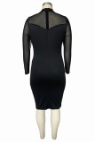 Черные модные сексуальные однотонные лоскутные прозрачные платья больших размеров с круглым вырезом и длинными рукавами