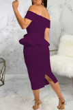 Púrpura trabajo elegante sólido vendaje patchwork volante fuera del hombro vestidos
