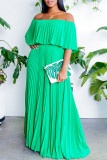 グリーン ファッション カジュアル ソリッド バックレス オフ ショルダー プリーツ ドレス