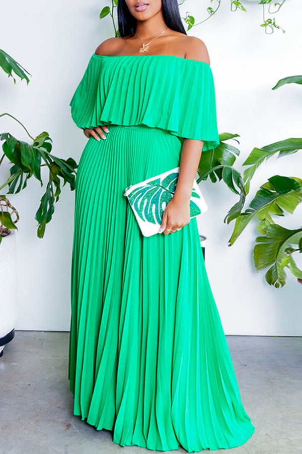 Зеленые модные повседневные однотонные плиссированные платья с открытой спиной и открытыми плечами