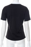 Schwarze Patchwork-T-Shirts mit lässigem Druck und Umlegekragen