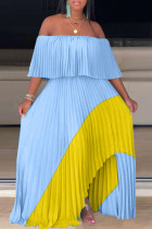 Hemelsblauwe sexy print patchwork vouw asymmetrische off-shoulder rechte jurken