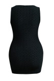 Falda de lápiz con cuello en U de patchwork sólido informal negro Vestidos de talla grande