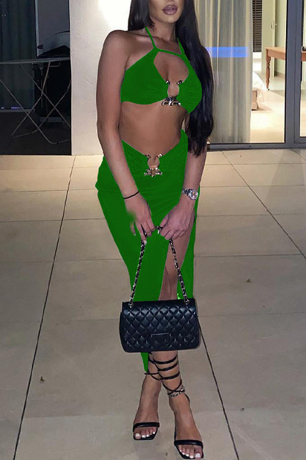 Benda solida sexy di moda verde scavata in due pezzi senza maniche con spacco sul retro