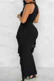 ブラックファッションカジュアルソリッドタッセルパッチワークOネックノースリーブドレス