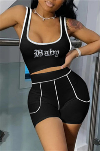 Black Fashion Casual Letter Hot Drilling Patchwork U Neck Sleeveless Two Pieces