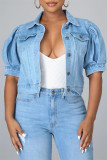 Deep Blue Fashion Casual Solid Patchwork Knotted Turndown Collar Puff Sleeve Regular Cropped Denim Jacket