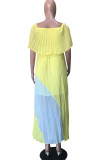 Gele sexy print patchwork vouw asymmetrische off-shoulder rechte jurken