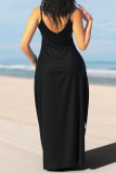 Vestidos estilo estilingue preto azul preto estampado de retalhos com alça de espaguete
